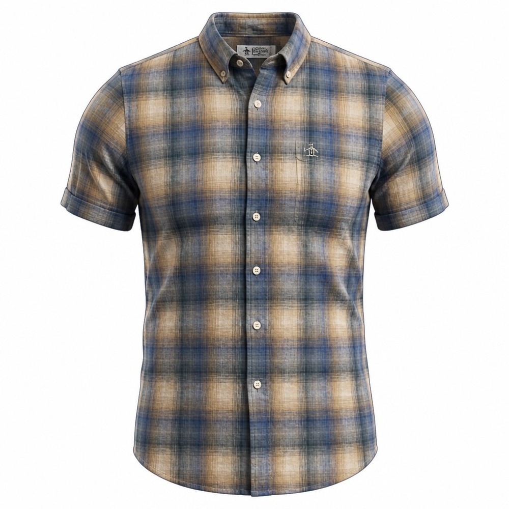 Original Penguin Shirt Mens Large Tourmaline Blue Plaid Delave Linen Button Down